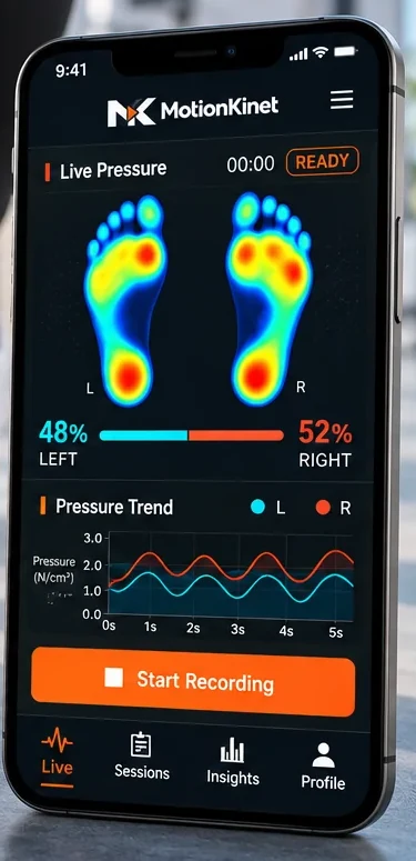 MotionKinet App 即時足壓畫面:左右壓力分布、48%/52% 左右比與壓力趨勢